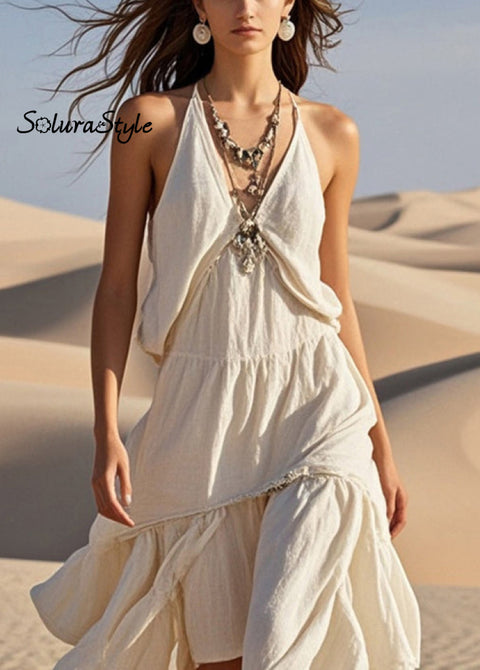 Stylish White Asymmetrical Design Cotton Halter Dress Summer 2025-Spring-Summer-Linen