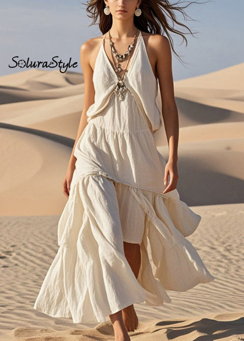 Stylish White Asymmetrical Design Cotton Halter Dress Summer 2025-Spring-Summer-Linen