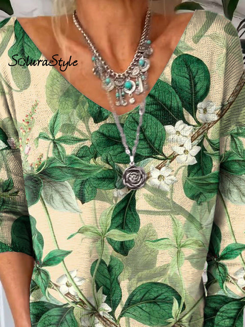 Summer Botanic Pattern Printed V-Neck Pullover Knit Top
