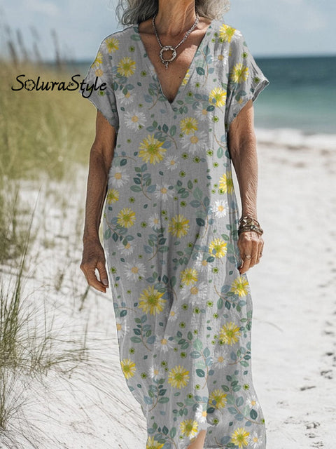Summer Chrysanthemum Floral Pattern Printed Women’s Pocket Cotton Dress