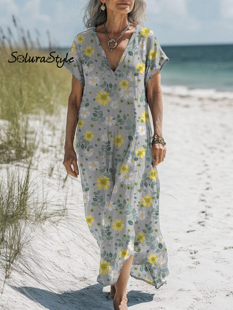 Summer Chrysanthemum Floral Pattern Printed Women’s Pocket Cotton Dress Multicolor / S