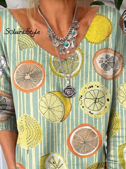 Summer Citrus Lemon Pattern Printed V-Neck Pullover Knit Top
