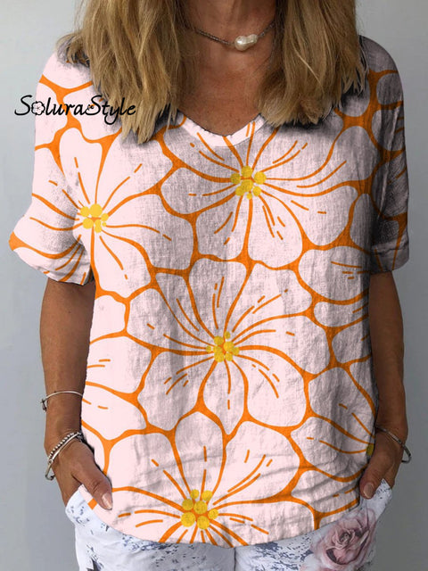 Summer Daisy Pattern Printed Women’s Casual Cotton And Linen Shirt Multicolor / S