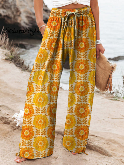 Summer Gerbera Floral Pattern Printed Women’s Cotton And Linen Casual Pants Multicolor / S