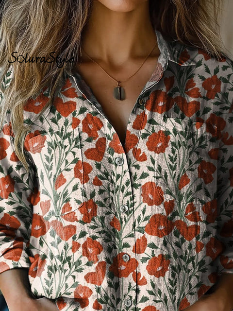Summer Poppy Floral Pattern Printed Women’s Casual Long Sleeve Comfortable Cotton Shirt
