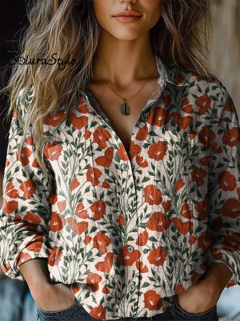 Summer Poppy Floral Pattern Printed Women’s Casual Long Sleeve Comfortable Cotton Shirt