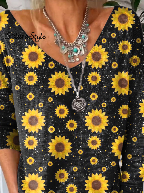 Summer Sunflower Pattern Printed V-Neck Pullover Knit Top