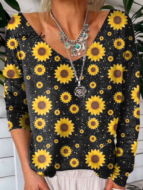Summer Sunflower Pattern Printed V-Neck Pullover Knit Top Multicolor / S