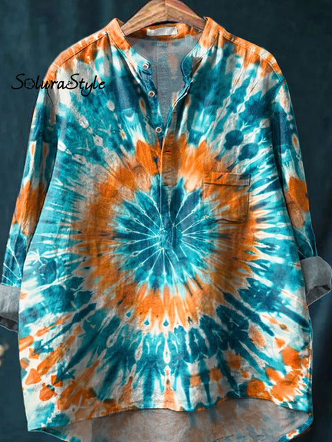 Summer Tie Dye Pattern Printed Women’s Casual Long Sleeve Comfortable Cotton Shirt