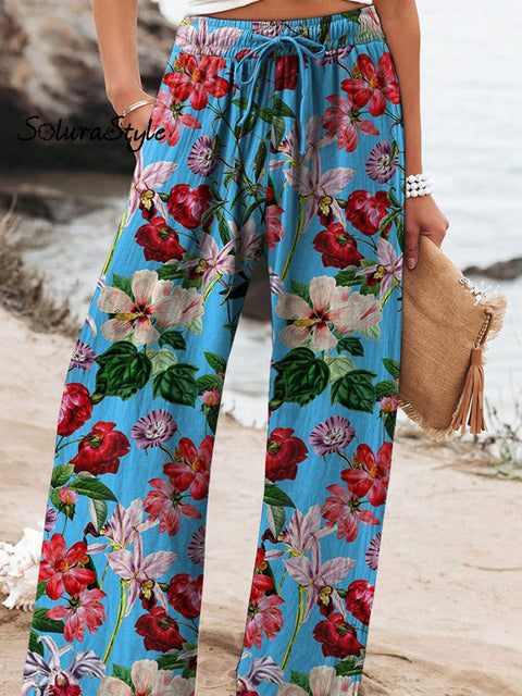 Summer Tropical Floral Pattern Printed Women’s Cotton And Linen Casual Pants