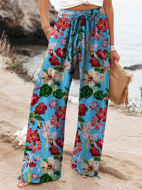 Summer Tropical Floral Pattern Printed Women’s Cotton And Linen Casual Pants Multicolor / S