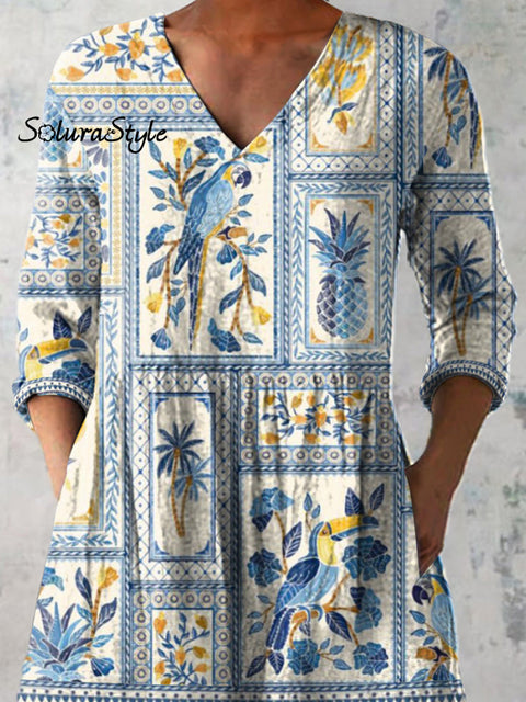 Summer Tropical Pattern Printed Women’s Casual Linen V-Neck Shirt