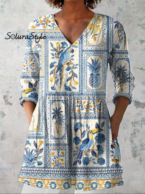 Summer Tropical Pattern Printed Women’s Casual Linen V-Neck Shirt Multicolor / S