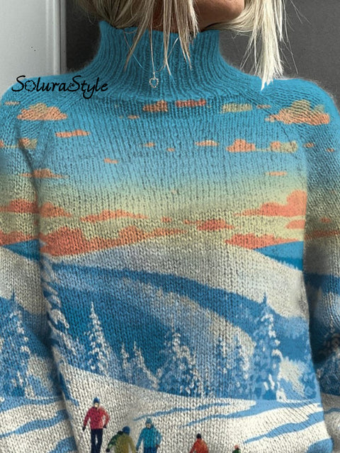 Sunrise On Winter Mountain Art Printed Knit Turtleneck Pullover Sweater