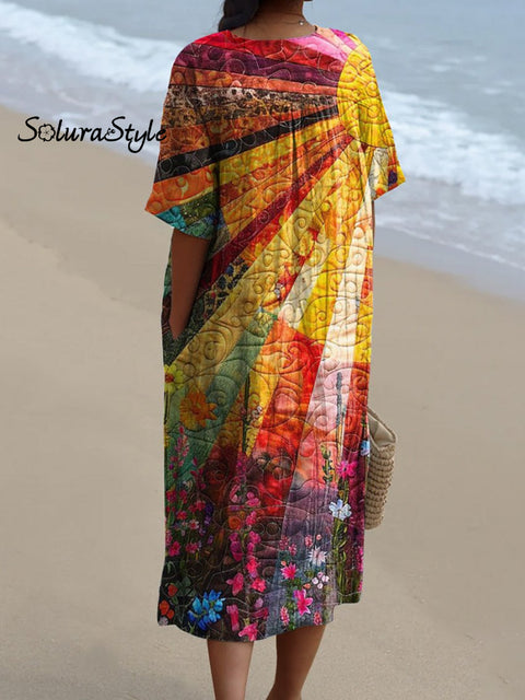 Sunshine Summer Garden Quilt Art Printed Women’s Flowy Dress