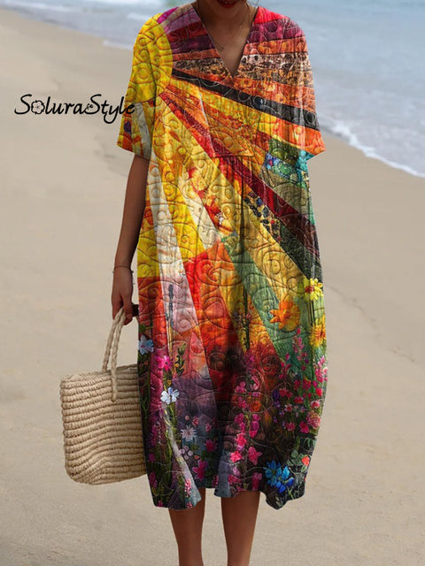 Sunshine Summer Garden Quilt Art Printed Women’s Flowy Dress Multicolor / S