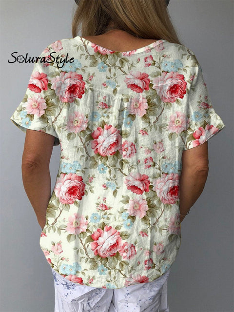 Sweet French Rose Pattern Printed Women’s Casual Cotton And Linen Shirt