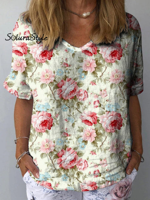 Sweet French Rose Pattern Printed Women’s Casual Cotton And Linen Shirt Multicolor / S