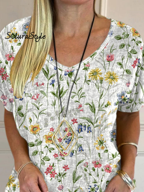 Sweet Garden Floral Pattern Printed Women’s Casual Cotton And Linen Shirt