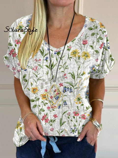 Sweet Garden Floral Pattern Printed Women’s Casual Cotton And Linen Shirt Multicolor / S