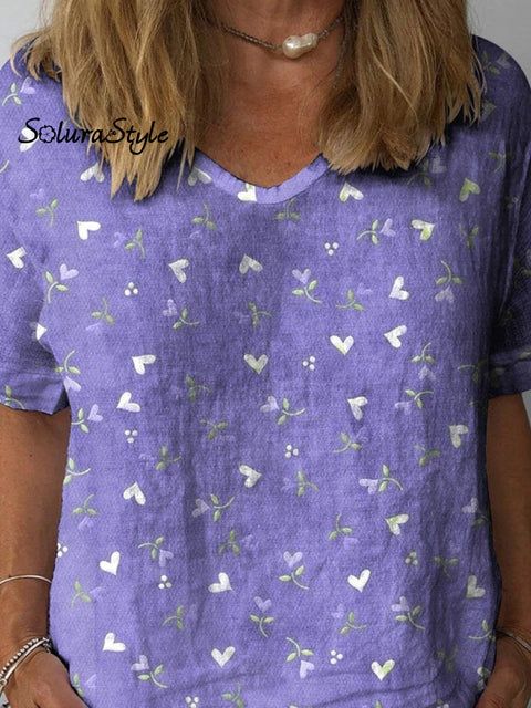 Sweet Petite Heart Pattern Printed Women’s Casual Cotton And Linen Shirt
