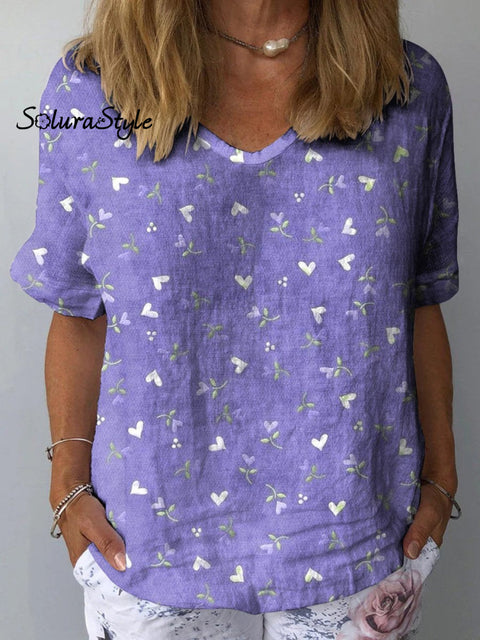 Sweet Petite Heart Pattern Printed Women’s Casual Cotton And Linen Shirt Multicolor / S