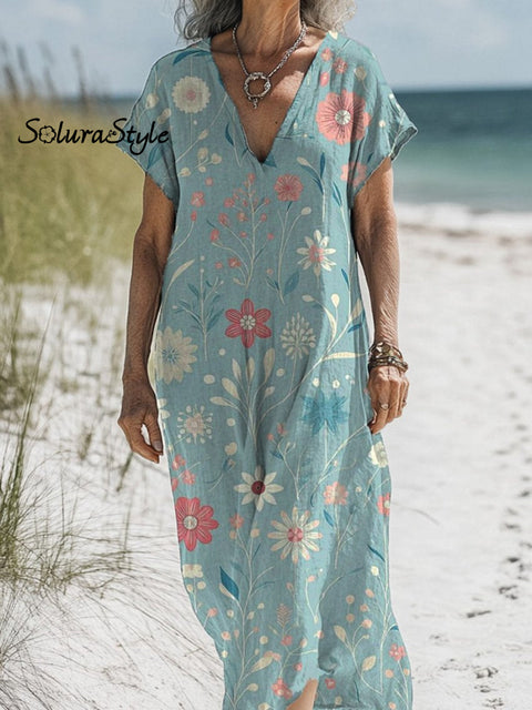 Sweet Spring Floral Pattern Printed Women’s Pocket Cotton Dress