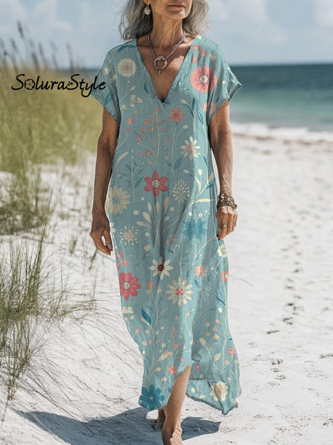 Sweet Spring Floral Pattern Printed Women’s Pocket Cotton Dress Multicolor / S