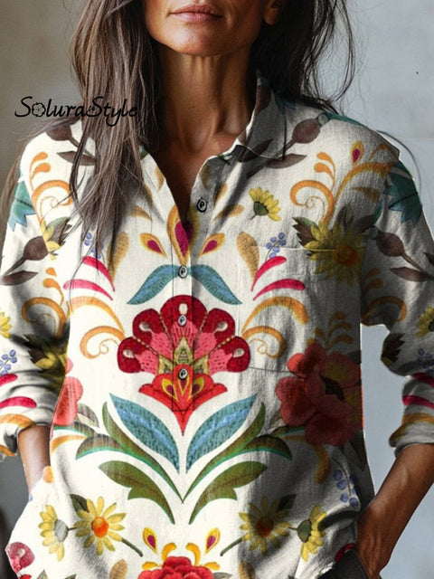 Symmetrical Tropical Floral Pattern Printed Women’s Casual Cotton And Linen Shirt