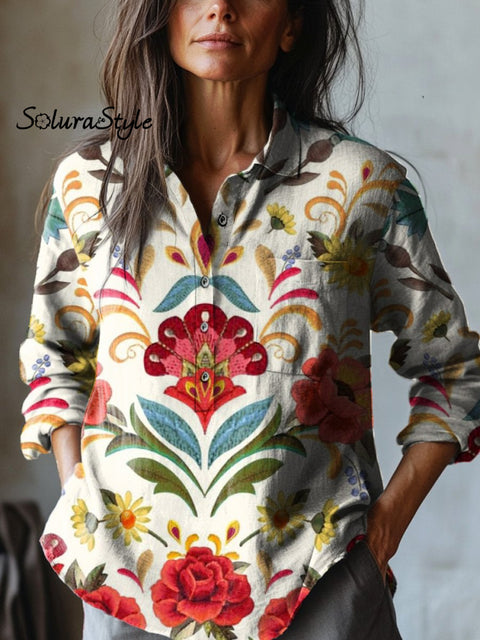 Symmetrical Tropical Floral Pattern Printed Women’s Casual Cotton And Linen Shirt Multicolor / S