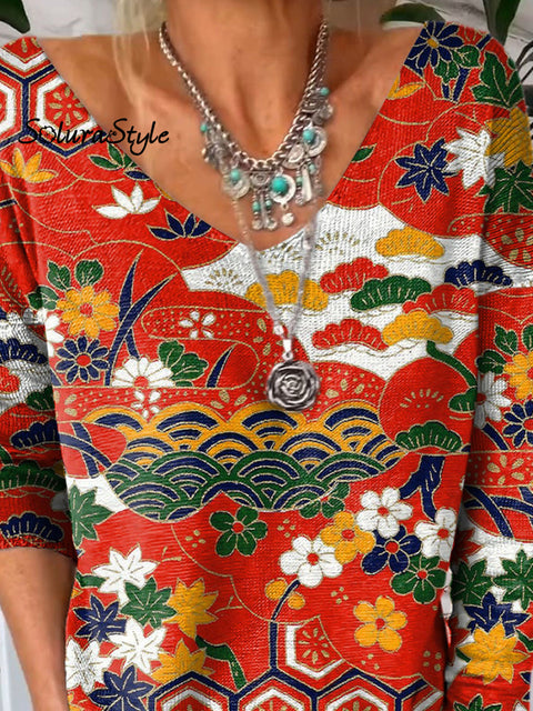 Traditional Japanese Floral Pattern Printed V-Neck Pullover Knit Top