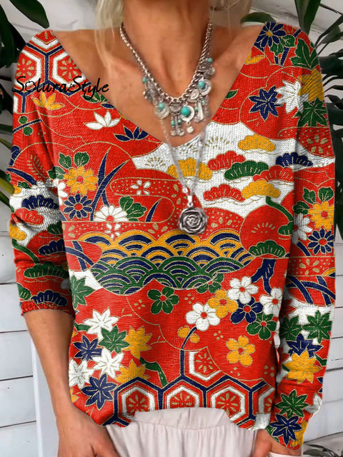 Traditional Japanese Floral Pattern Printed V-Neck Pullover Knit Top Multicolor / S