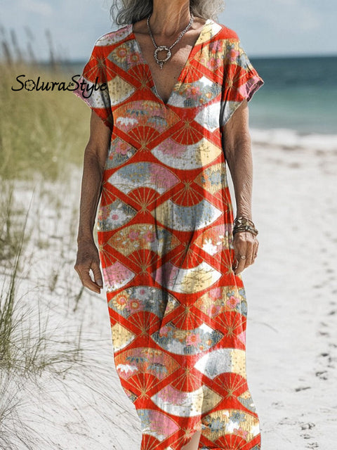 Traditional Japanese Style Pattern Printed Women’s Pocket Cotton Dress