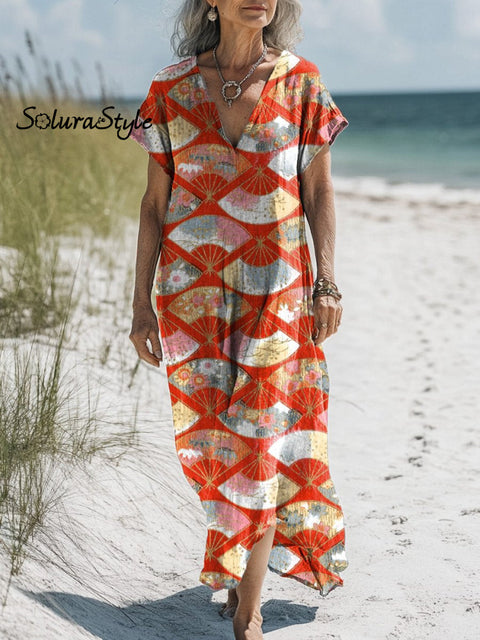 Traditional Japanese Style Pattern Printed Women’s Pocket Cotton Dress Multicolor / S