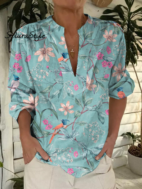 Tranquil Spring Bird And Floral Pattern Printed Women’s Casual Short Sleeve Comfortable Cotton Shirt Multicolor / S