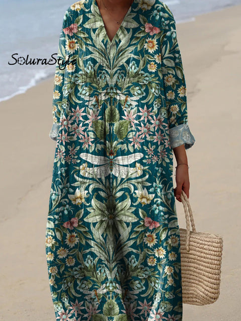 Tranquil Spring Floral And Dragonfly Symmetrical Pattern Printed Women’s Dress