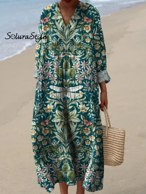 Tranquil Spring Floral And Dragonfly Symmetrical Pattern Printed Women’s Dress Multicolor / S