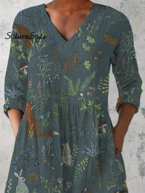 Tranquil Woodland Pattern Printed Women’s Casual Linen V-Neck Shirt