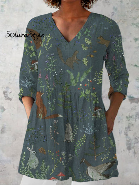 Tranquil Woodland Pattern Printed Women’s Casual Linen V-Neck Shirt Multicolor / S