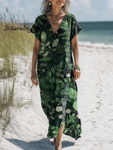 Tranquil Woodland Pattern Printed Women’s Pocket Cotton Dress Multicolor / S