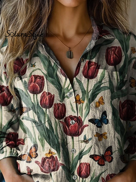 Tulip And Butterfly Pattern Printed Women’s Casual Long Sleeve Comfortable Cotton Shirt
