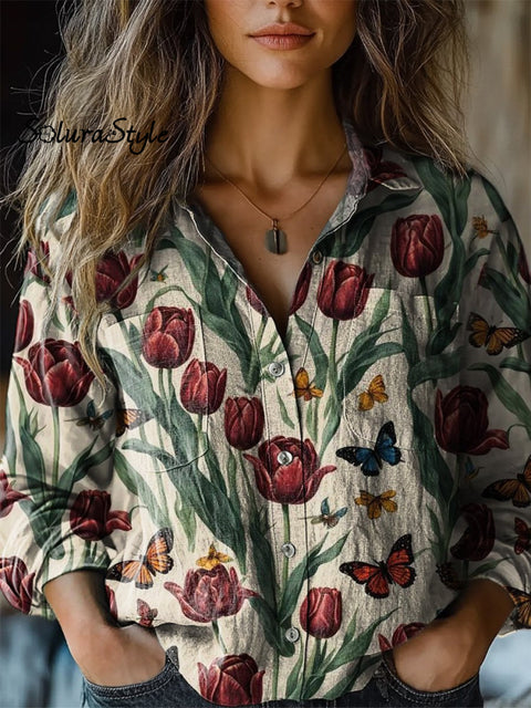 Tulip And Butterfly Pattern Printed Women’s Casual Long Sleeve Comfortable Cotton Shirt