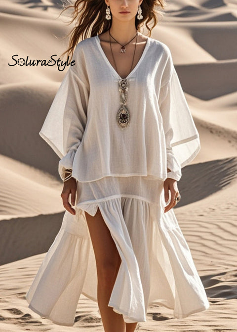 Unique White Oversized Side Open Cotton Maxi Dress Spring 2025-Spring-Summer-Linen