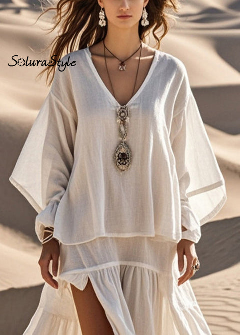 Unique White Oversized Side Open Cotton Maxi Dress Spring 2025-Spring-Summer-Linen