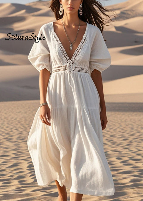 Unique White V Neck Hollow Out Cotton Maxi Dresses Summer 2025-Spring-Summer-Linen