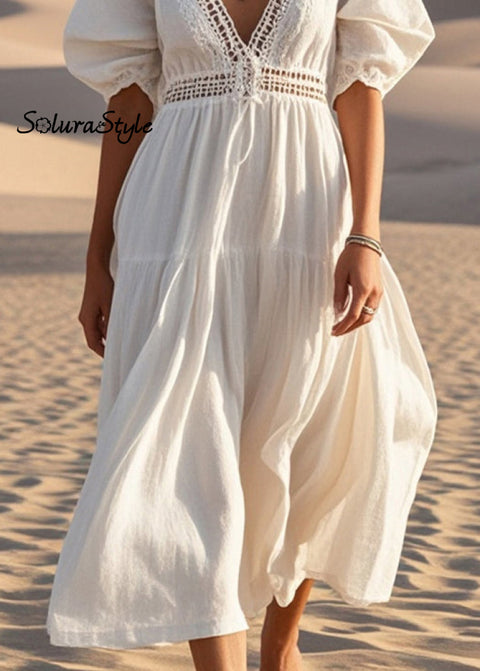 Unique White V Neck Hollow Out Cotton Maxi Dresses Summer 2025-Spring-Summer-Linen