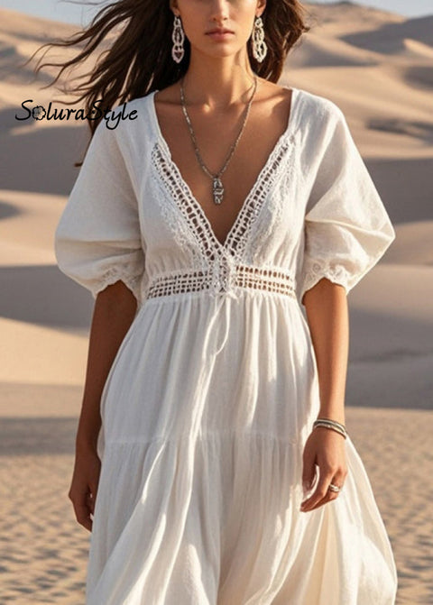 Unique White V Neck Hollow Out Cotton Maxi Dresses Summer 2025-Spring-Summer-Linen