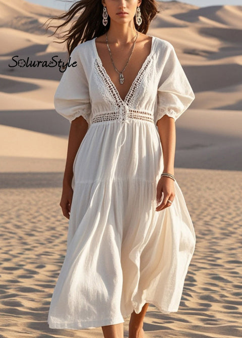Unique White V Neck Hollow Out Cotton Maxi Dresses Summer 2025-Spring-Summer-Linen