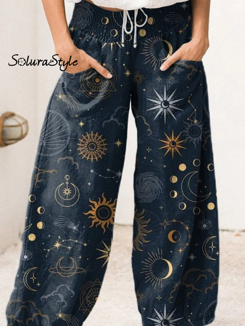 Universe And Constellation Pattern Printed Women’s Cotton Wide Leg Pant