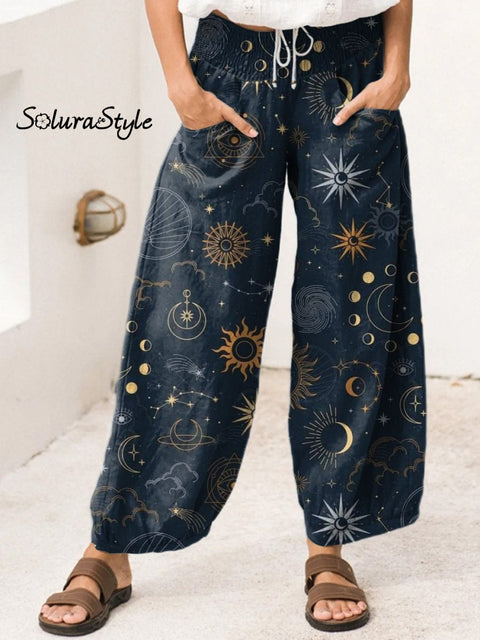 Universe And Constellation Pattern Printed Women’s Cotton Wide Leg Pant Multicolor / S